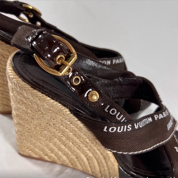 LOUIS VUITTON Brown Patent Leather Wedge Platform Sandals Made in Spain 38 8US - Picture 7 of 13